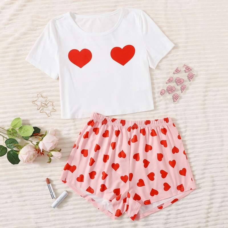 

Heart Print Pajama Set, Multicolor