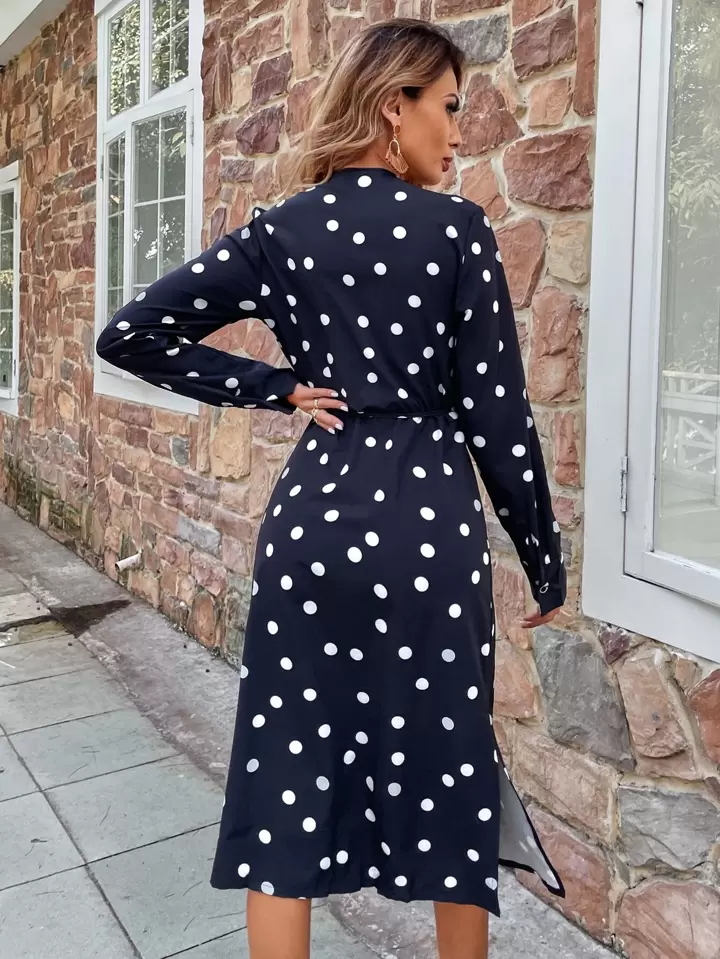 Our Polka Dot Tie Side Wrap Midi Dress is such a vibe - ROMWE