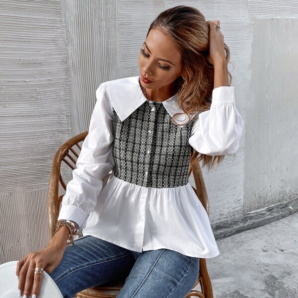 

Tweed Combo Ruffle Hem Blouse, Multicolor