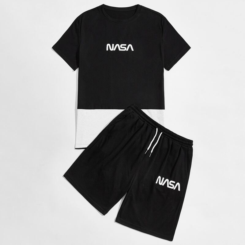 

Guys Color-block Letter Graphic Tee & Drawstring Waist Track Shorts, Black