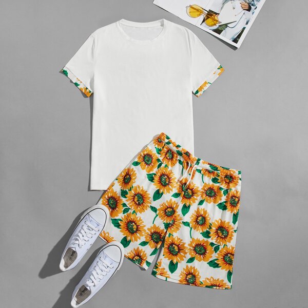 

Men Contrast Cuff Tee With Sunflower Shorts, White