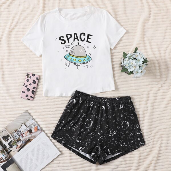 

Letter And Galaxy Print Pajama Set, Black and white