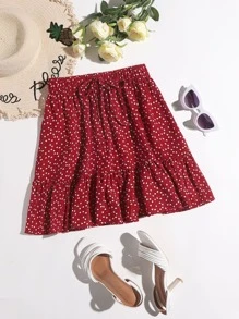 SHEIN VCAY 結飾腰滿版心形圖案半身裙 - 酒紅色 - 查看 1