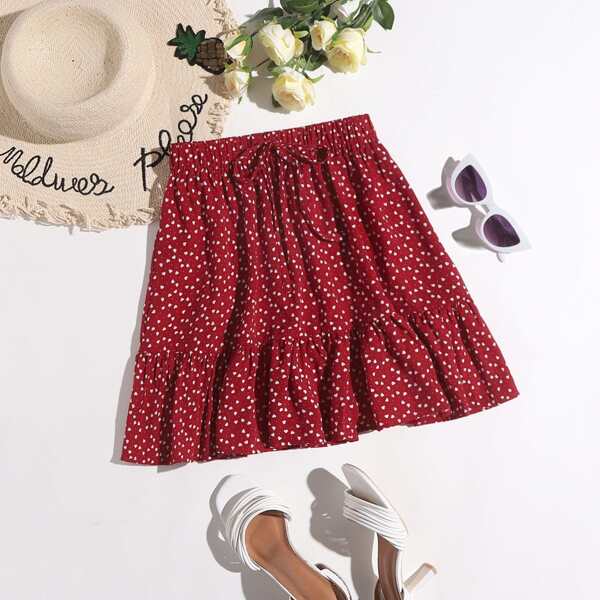 

Knot Waist Allover Heart Print Skirt, Burgundy