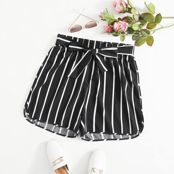 

Plus Striped Belted Shorts, Black and white