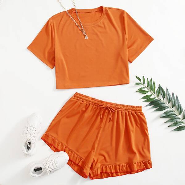 

Plus Solid Crop Tee With Ruffle Hem Shorts, Orange