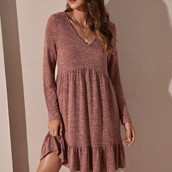 

V Neck Ruffle Hem Smock Dress, Redwood