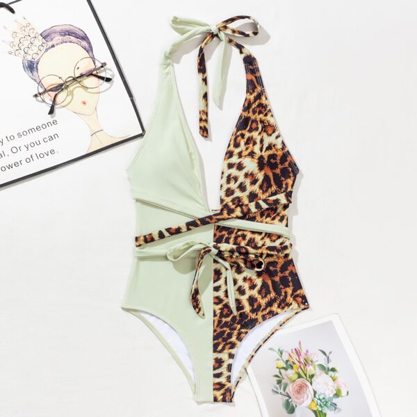 

Leopard Knot Plunging One Piece Swimsuit, Multicolor