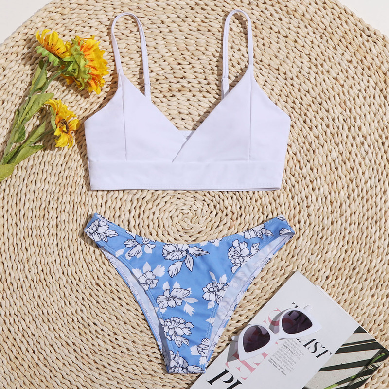 

Floral Cami Bikini Swimsuit, Black and white