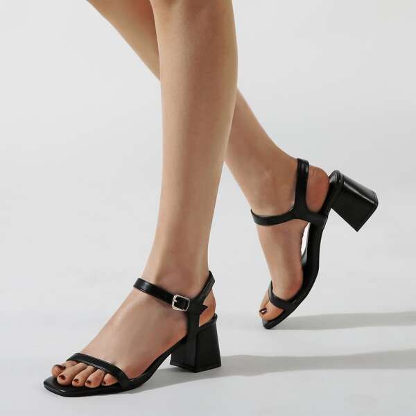 

Minimalist Chunky Heeled Ankle Strap Sandals, Black