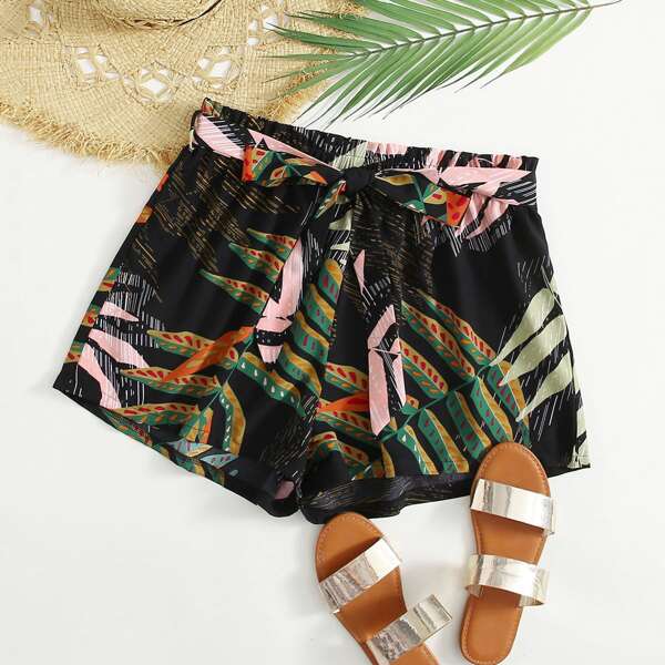 

Plus Tropical Print Belted Shorts, Multicolor