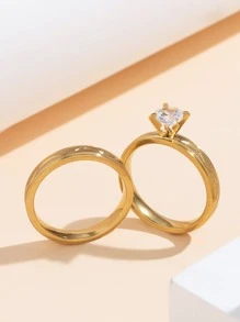 女士哑光金色纹理不锈钢戒指套装（2件套） - 金黃色 - 查看 2