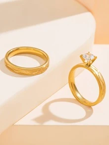 女士哑光金色纹理不锈钢戒指套装（2件套） - 金黃色 - 查看 3