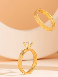 女士哑光金色纹理不锈钢戒指套装（2件套） - 金黃色 - 查看 4