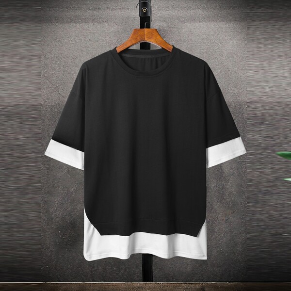 

Men Contrast Panel Drop Shoulder Tee, Black
