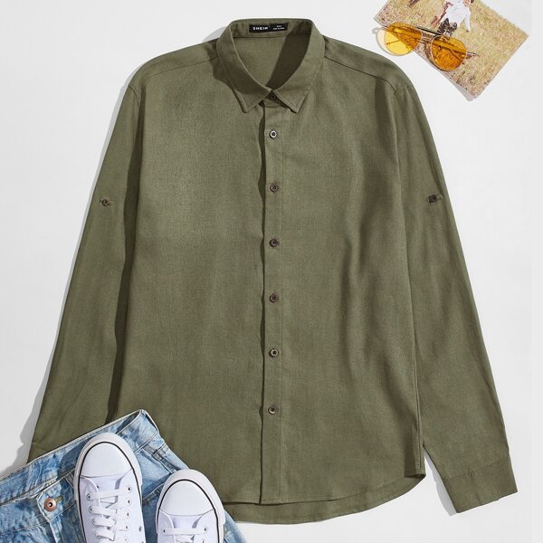 

Men Rolled Tab Sleeve Solid Shirt, Army green