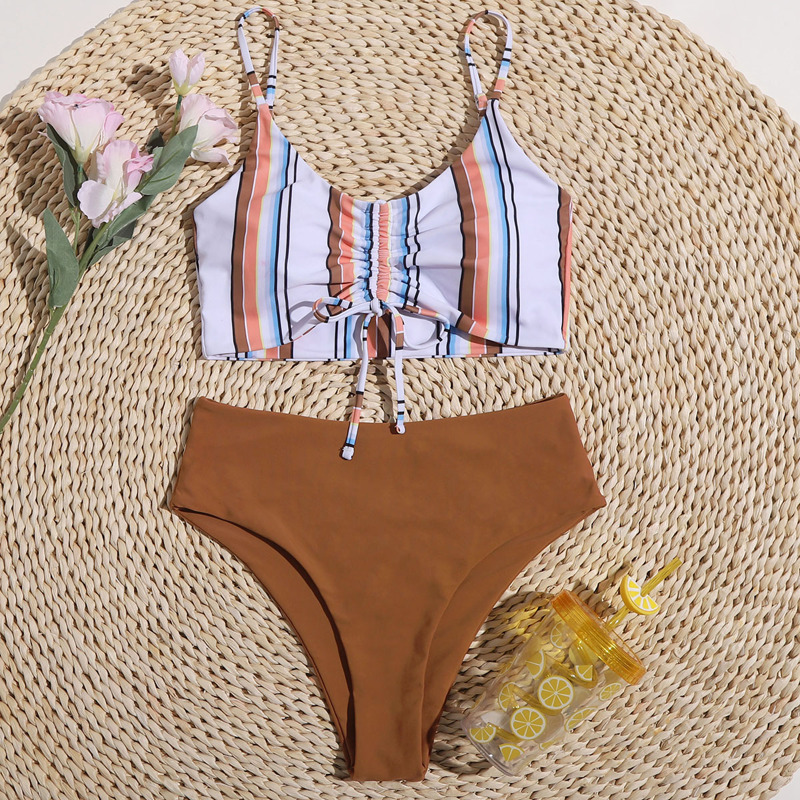 

Drawstring Front High Waist Bikini Swimsuit, Multicolor