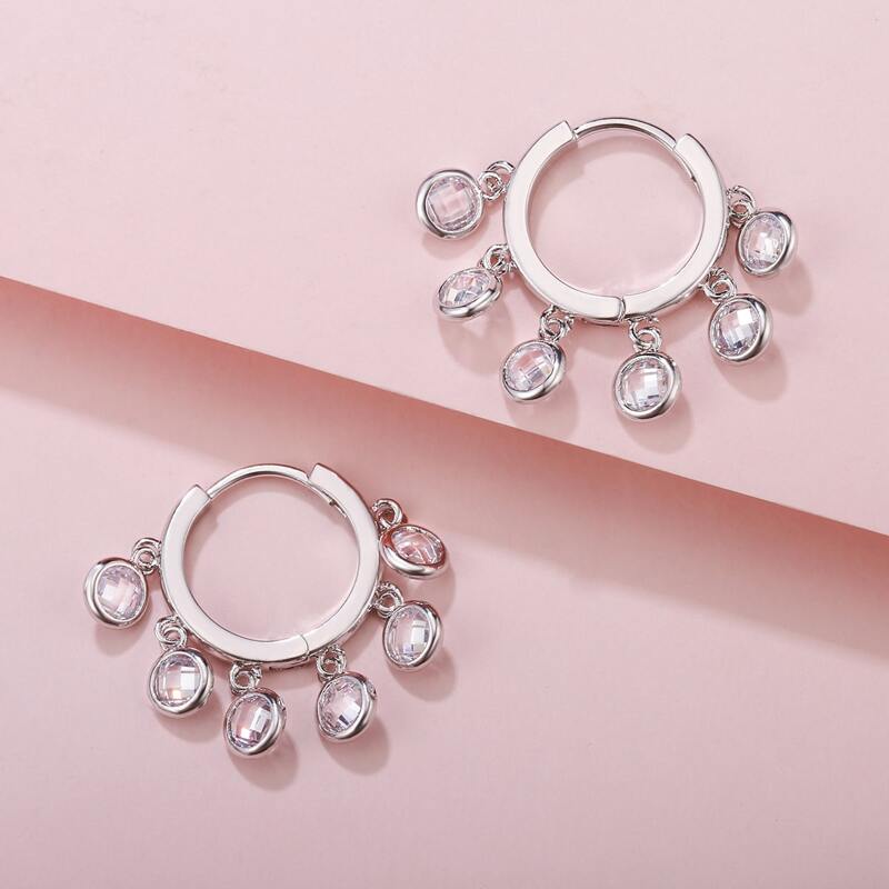

Zircon Charm Hoop Drop Earrings, Silver