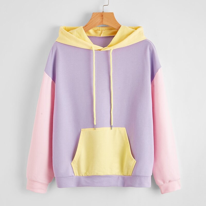 

Colorblock Drawstring Pocket Hoodie, Lilac purple