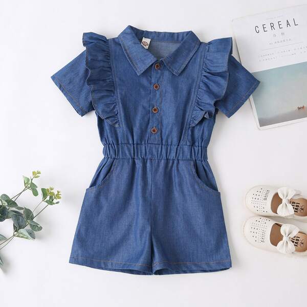 

Toddler Girls Ruffle Trimed Button Denim Romper, Medium wash