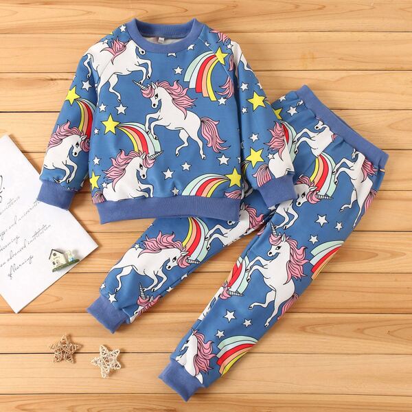 

Toddler Girls Cartoon Graphic Raglan Sleeve Sweatshirt & Sweatpants, Multicolor