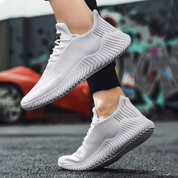

Men Lace-up Decor Knit Sneakers, White