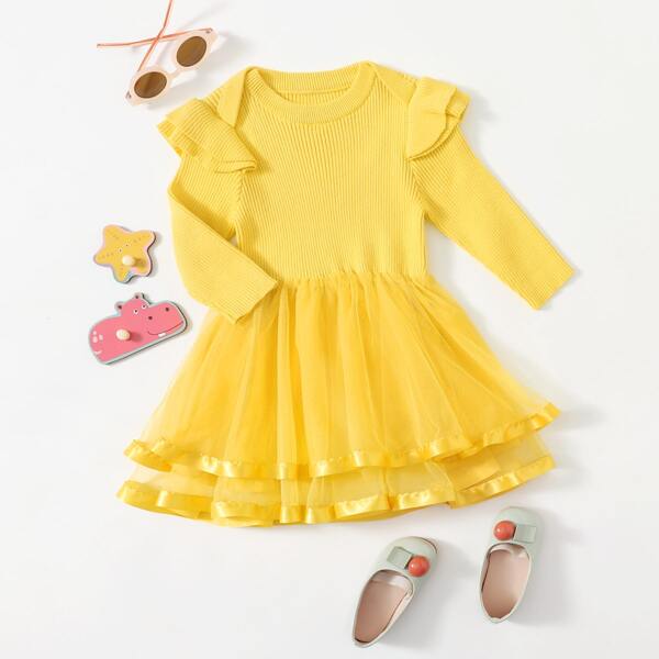 

Baby Girl Mesh Panel Ruffle Trim Knit Dress, Yellow