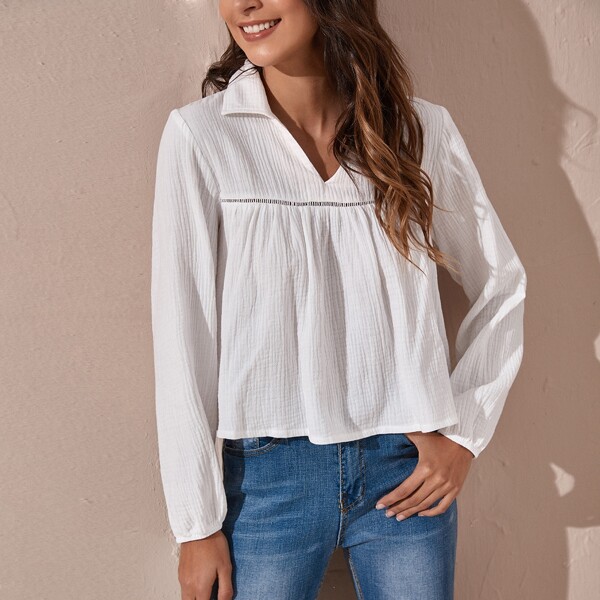 

Ruffle Hem Solid Smock Blouse, White