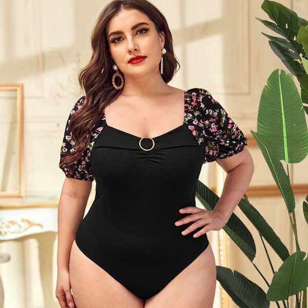 

Plus Ring Detail Floral Raglan Sleeve Bodysuit, Black