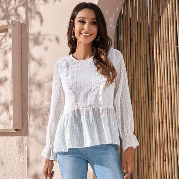 

Swiss Dot Flounce Sleeve Peplum Blouse, White