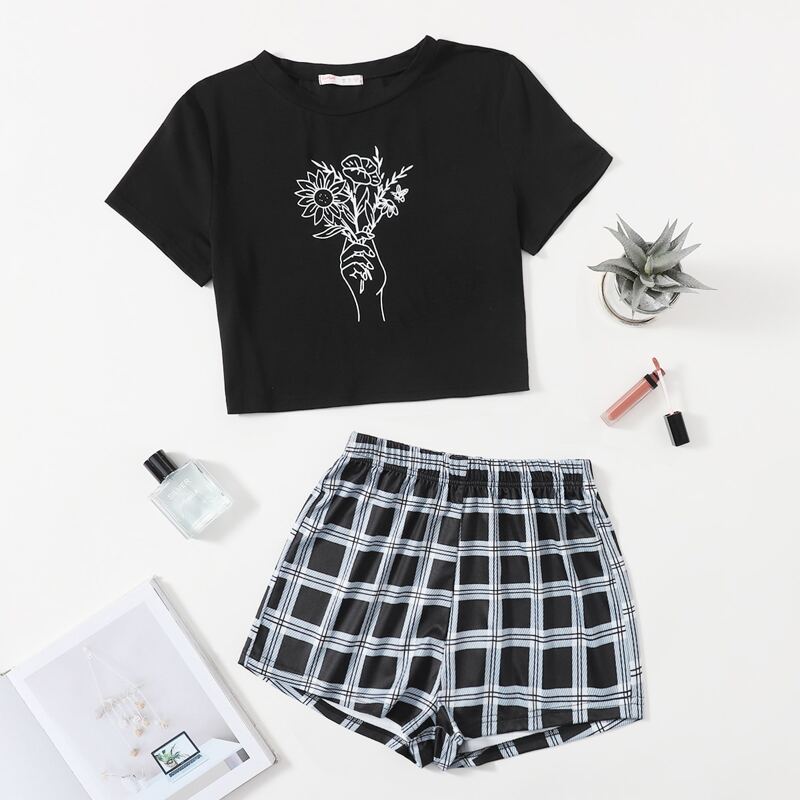 

Flower Plaid Shorts PJ Set, Multicolor