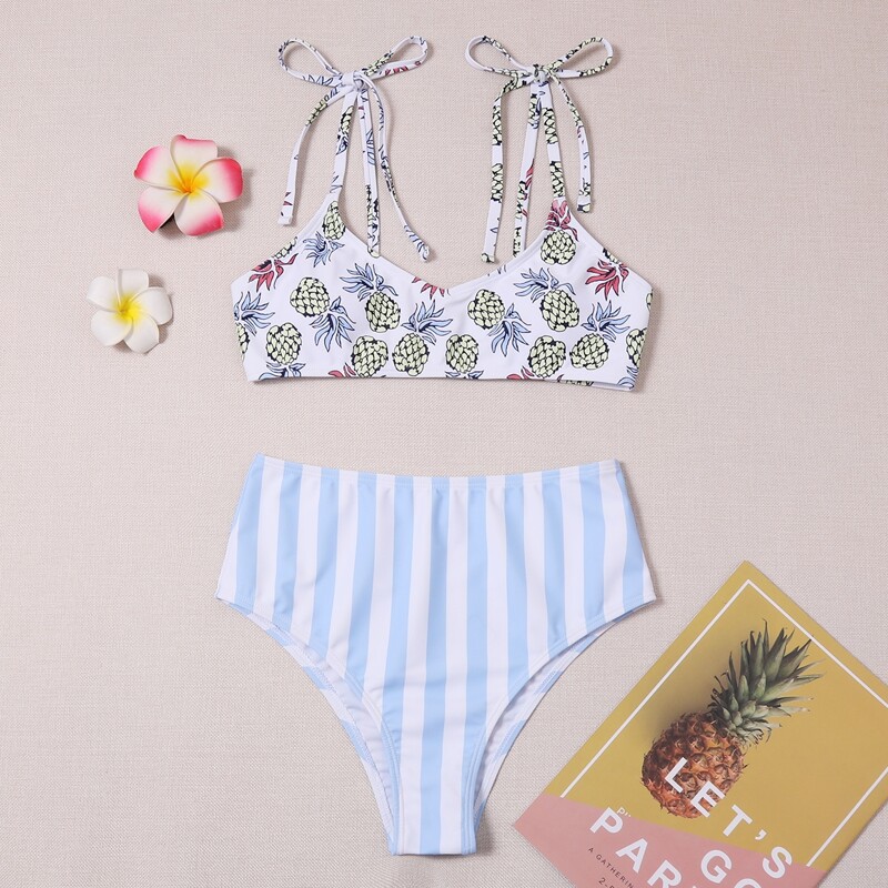 

Pineapple & Stripe Print Bikini Swimsuit, Multicolor