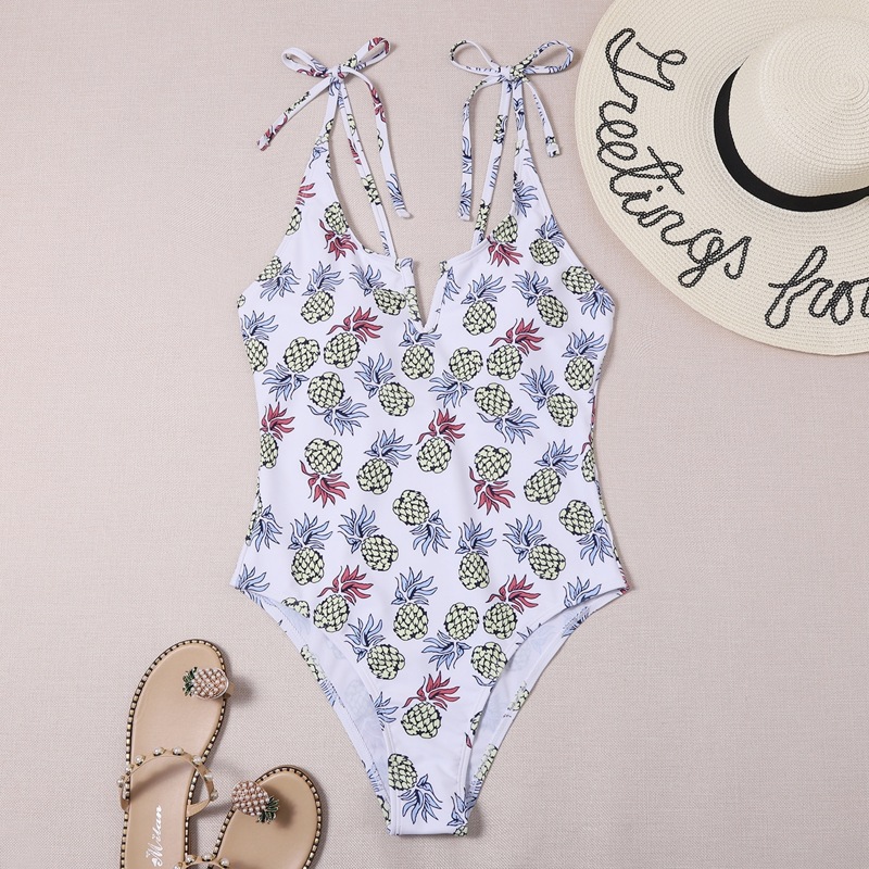 

Pineapple Print Tie Shoulder One Piece Swimsuit, Multicolor