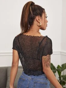 SHEIN BAE 生菜邊閃亮網紗上衣不帶胸罩 - 黑色 - 查看 2