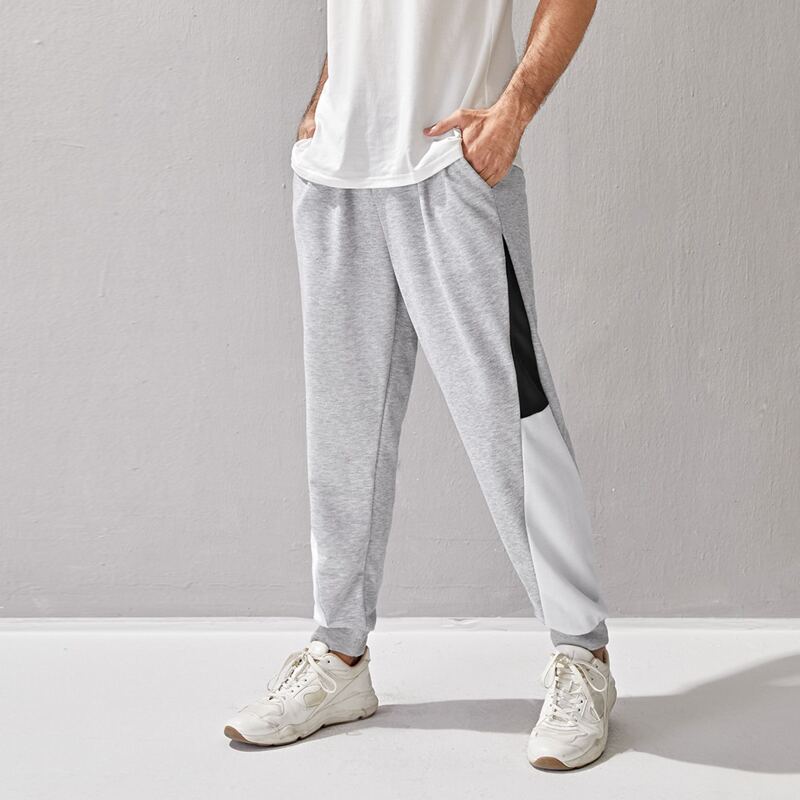 

Guys Contrast Panel Drawstring Waist Sweatpants, Light grey