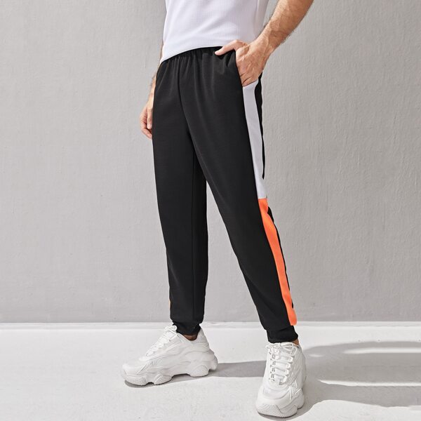 

Men Contrast Panel Elastic Waist Sweatpants, Black