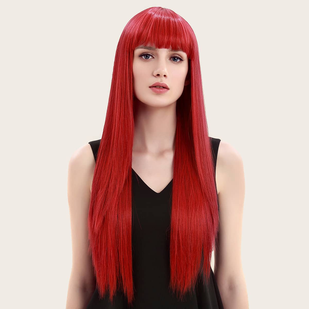 

Natural Long Straight Wig With Bangs, Red
