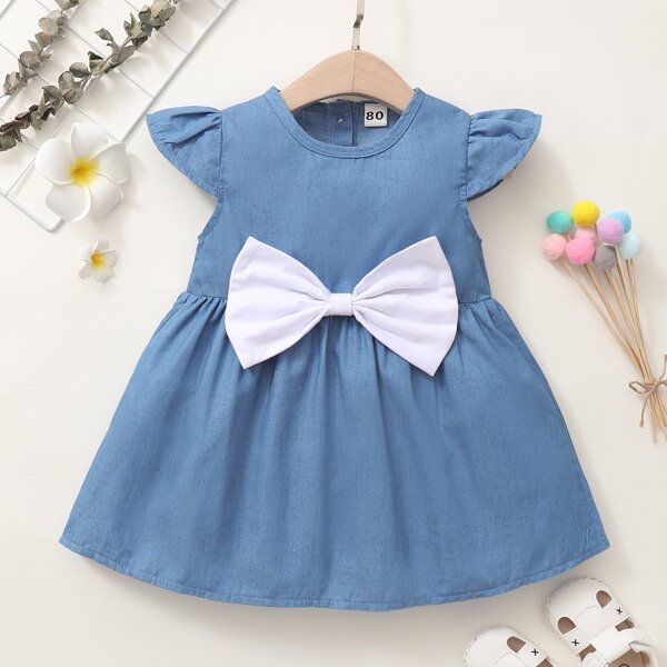 

Baby Girl Bow Front Denim Babydoll Dress, Medium wash