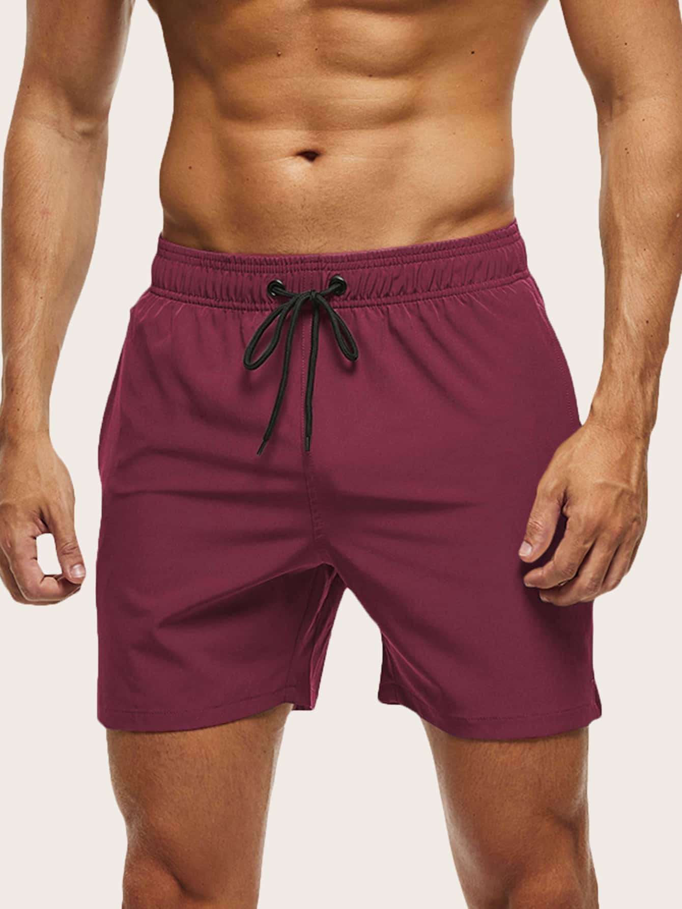 Manfinity KASUA 男士拉鍊口袋腰部抽繩泳褲 - 酒紅色 - 查看 1