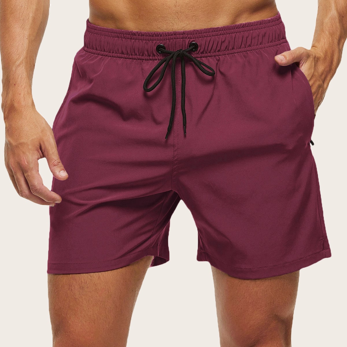 Bañador de hombre con bolsillo con cremallera y cintura con cordón, pantalones cortos de playa, vacaciones