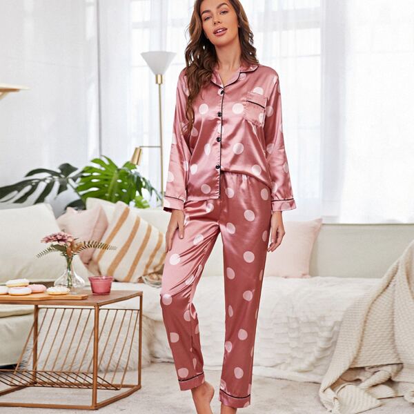 

Satin Polka Dot Binding Night Set, Dusty pink