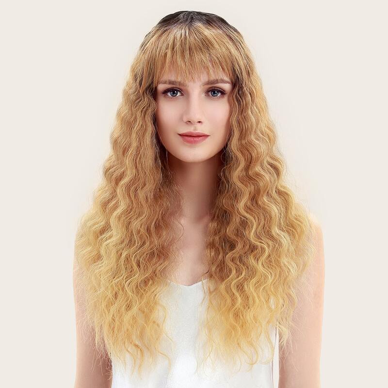 

Natural Long Curly Wig With Bangs, Gold