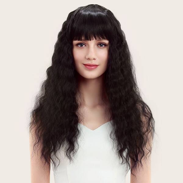 

Natural Long Curly Wig With Bangs, Black