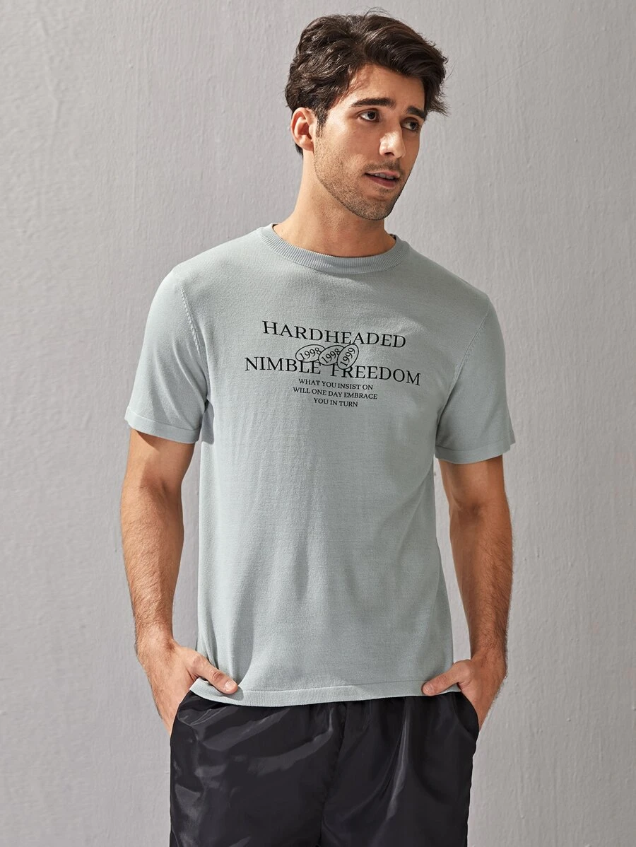 Manfinity Homme 男士字母圖案短袖針織上衣 - 灰色 - 查看 1