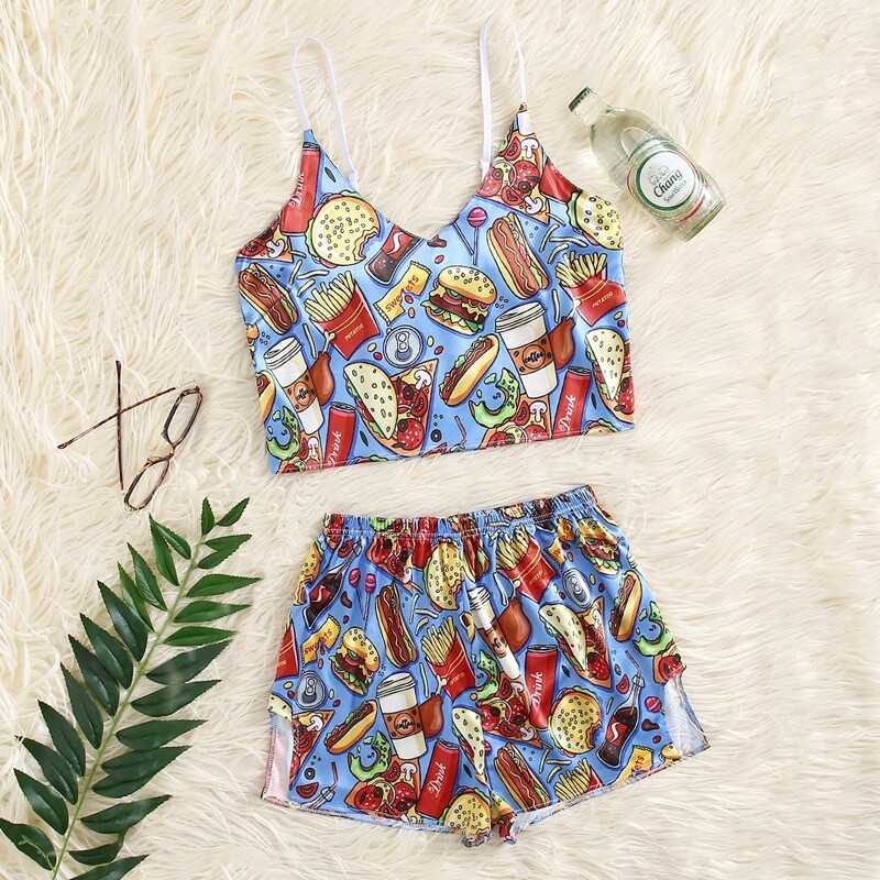 

Satin Cartoon Print PJ Set, Multicolor