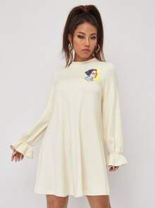 Sveta Figure Graphic Flounce Sleeve Dress - Beige - View 1