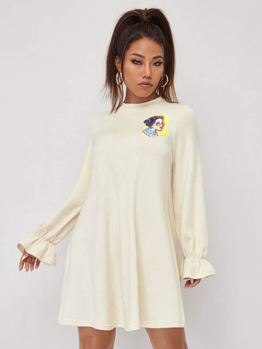 Sveta Figure Graphic Flounce Sleeve Dress - Beige - View 1