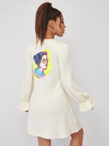 Sveta Figure Graphic Flounce Sleeve Dress - Beige - View 2