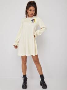 Sveta Figure Graphic Flounce Sleeve Dress - Beige - View 5