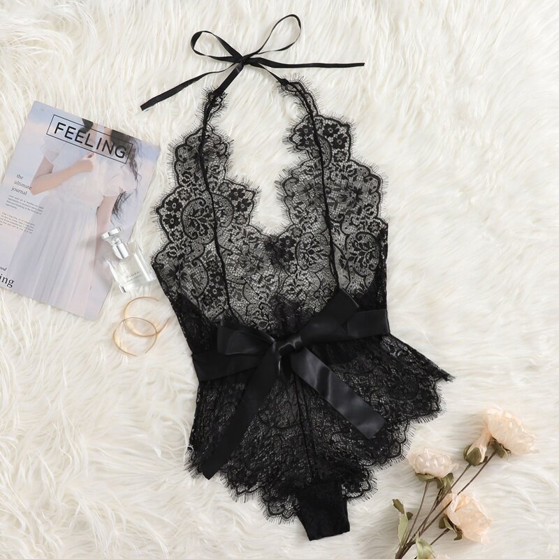 

Lace Tie Front Teddy Bodysuit, Black